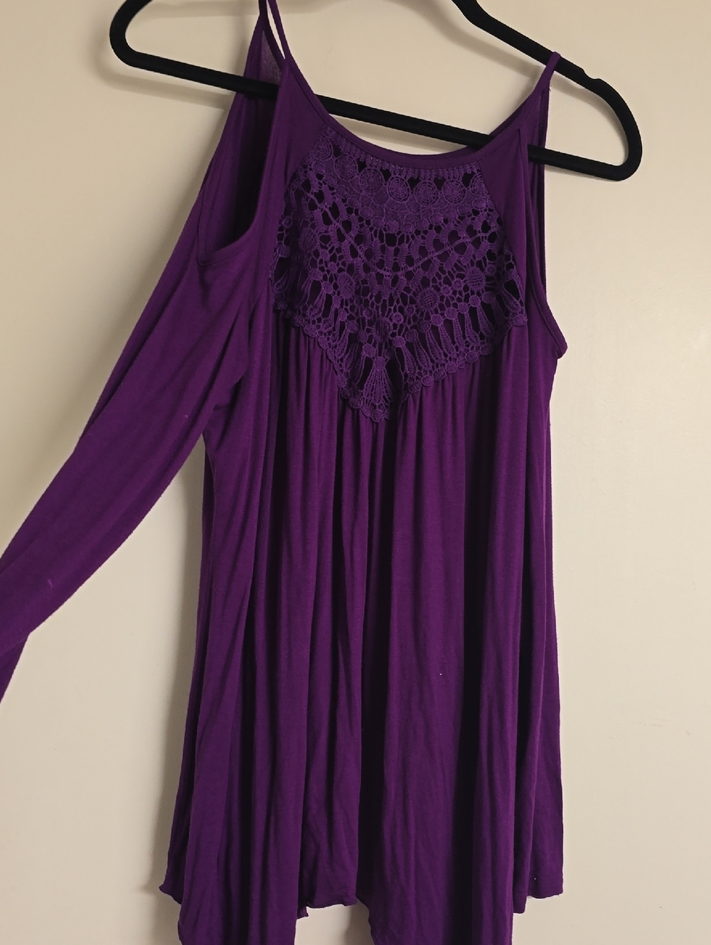 Purple Crochet Yoke Cold-Shoulder Tunic Top
